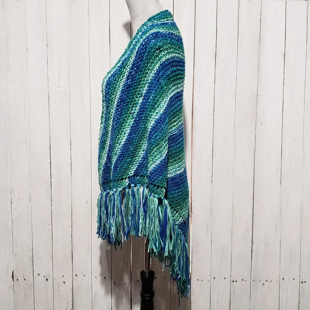 NEW Blue Green Ombre‎ Hand Knitted Shawl Wrap Scarf Boho Coastal Indie Artsy Mod